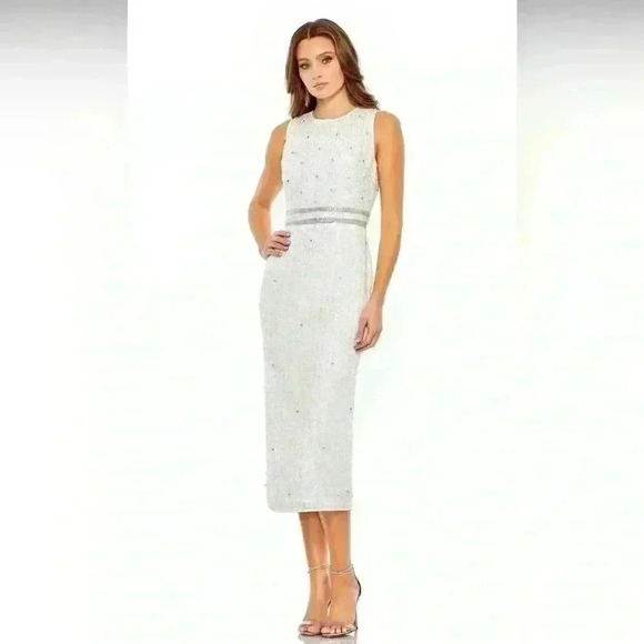 Mac Duggal Sleeveless High Neck Beaded Midi Sheath Dress White NWT Style 10509 - Picture 1 of 7